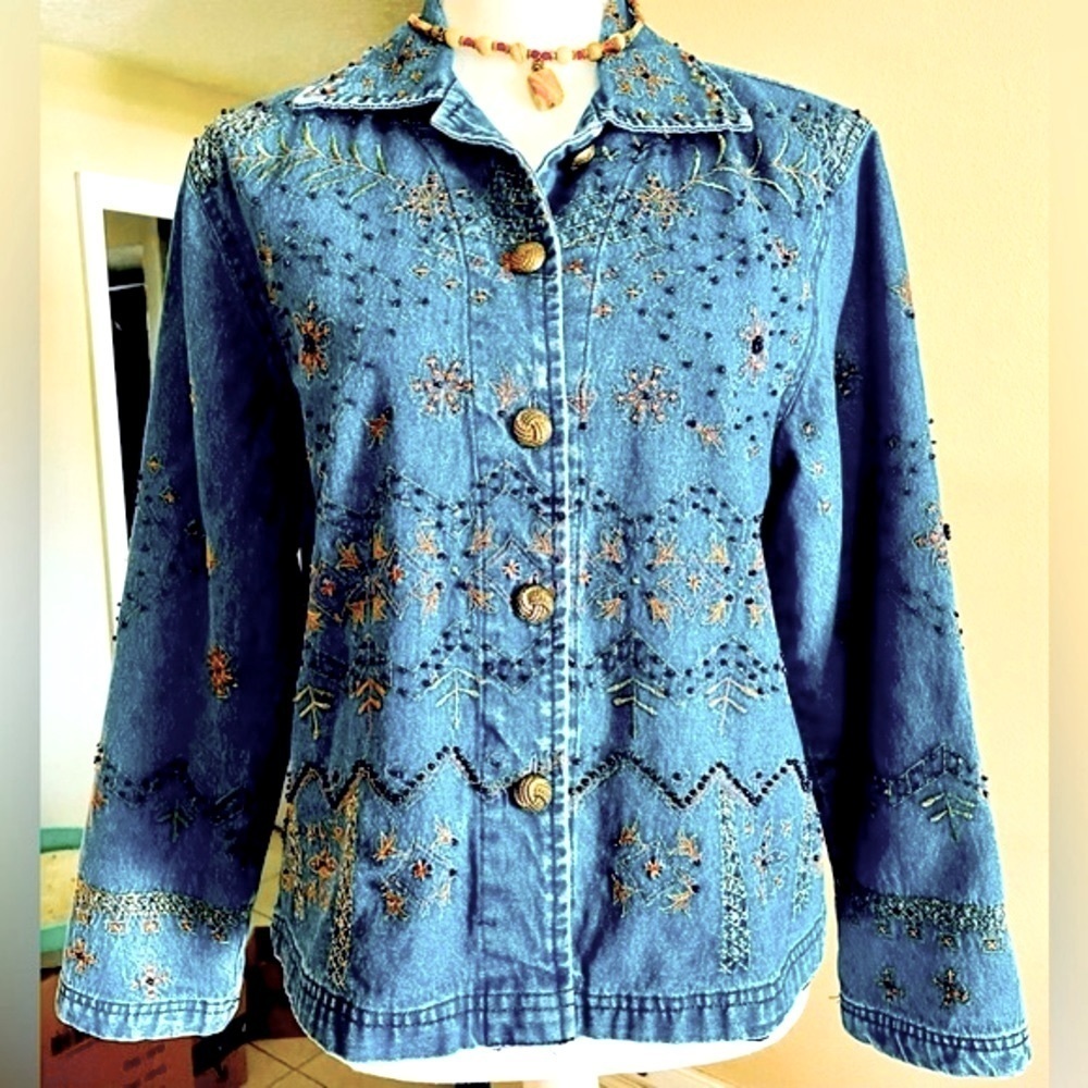 🌟 BEADED & EMBROIDERED Jean Jacket  - Bohemian Cottage Core